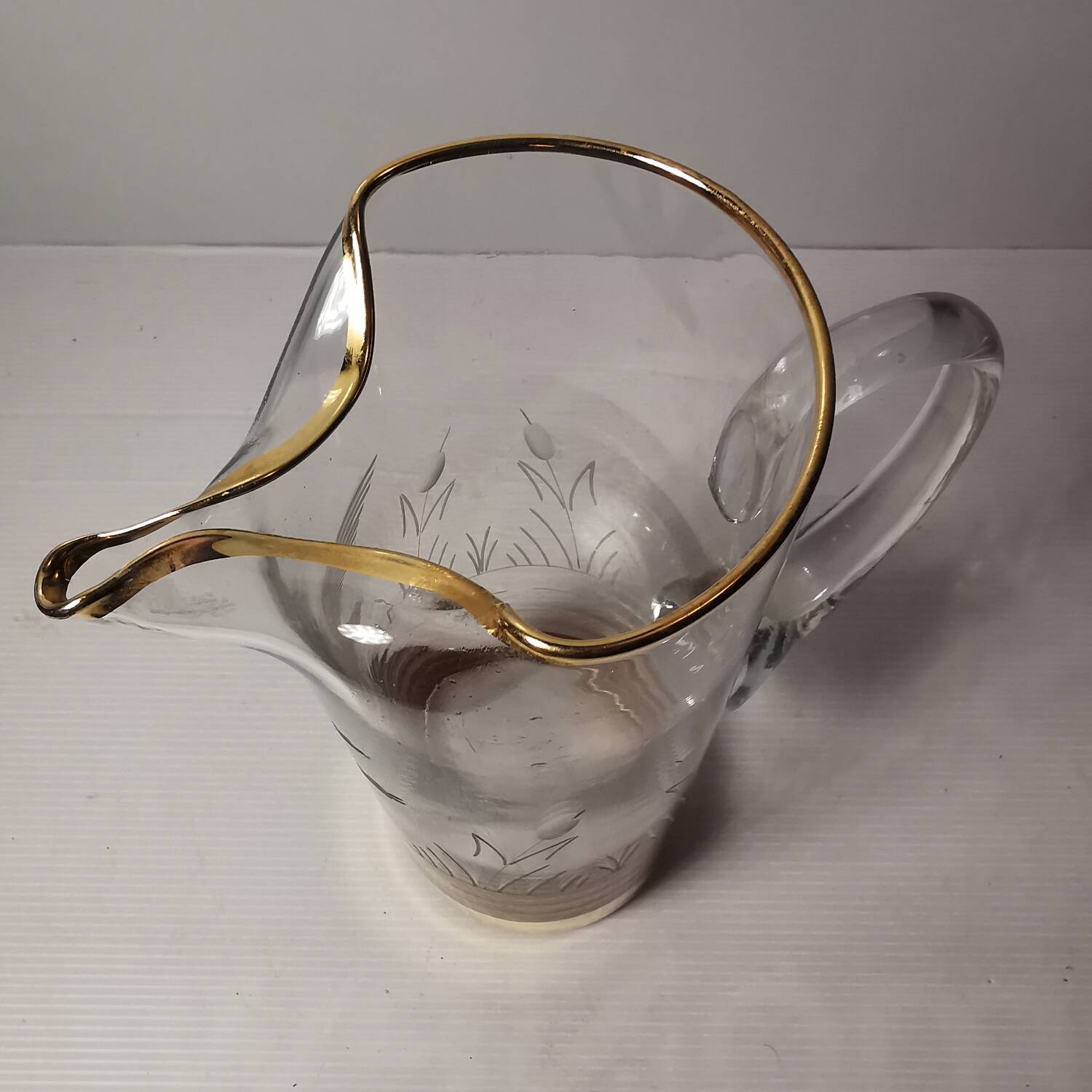 Vintage Engraved Glass & Crystal Pitcher with Duck and Reeds, Gilding