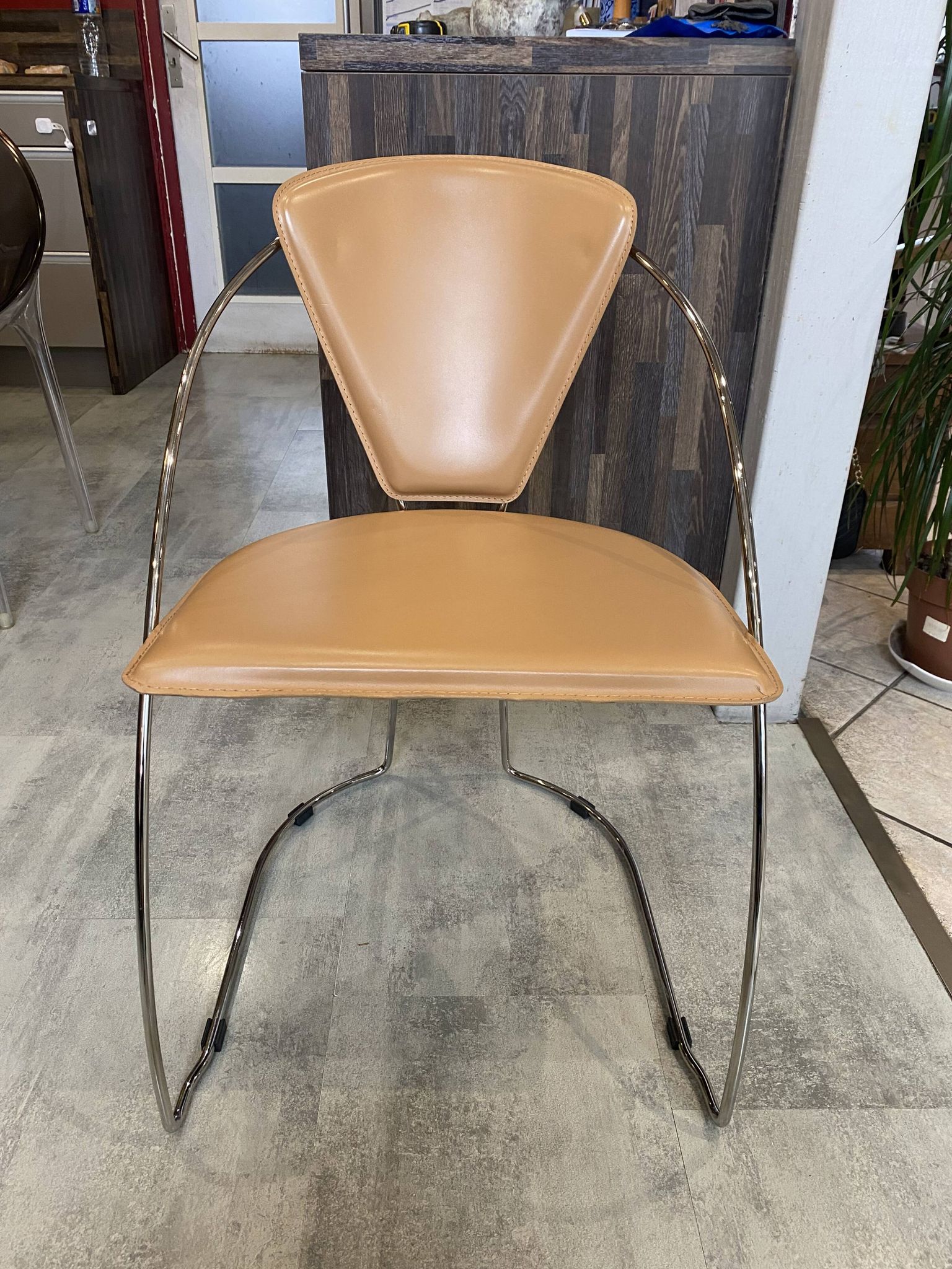 1 Linda armchair chair by Arrben in camel brown leather with a chrome steel frame.