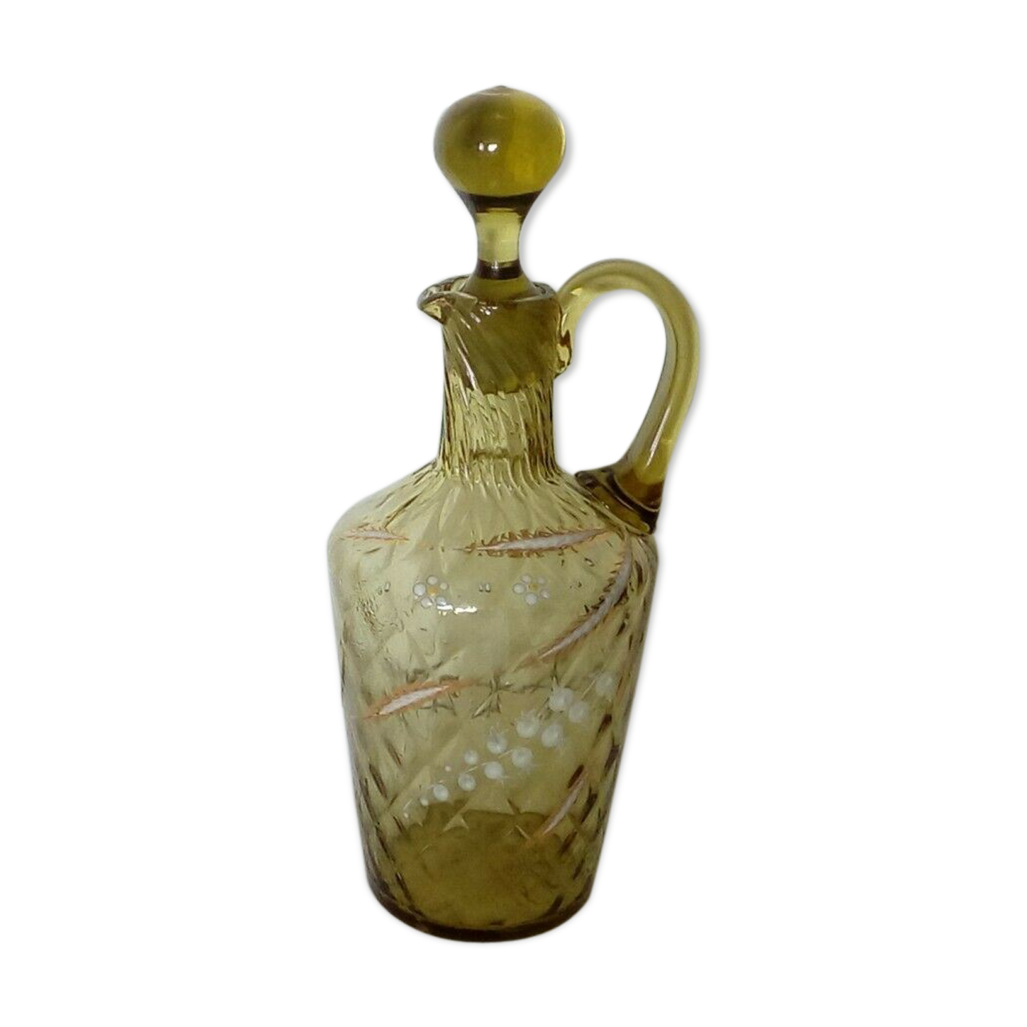 Glass carafe with enamelled lily of the valley decoration.