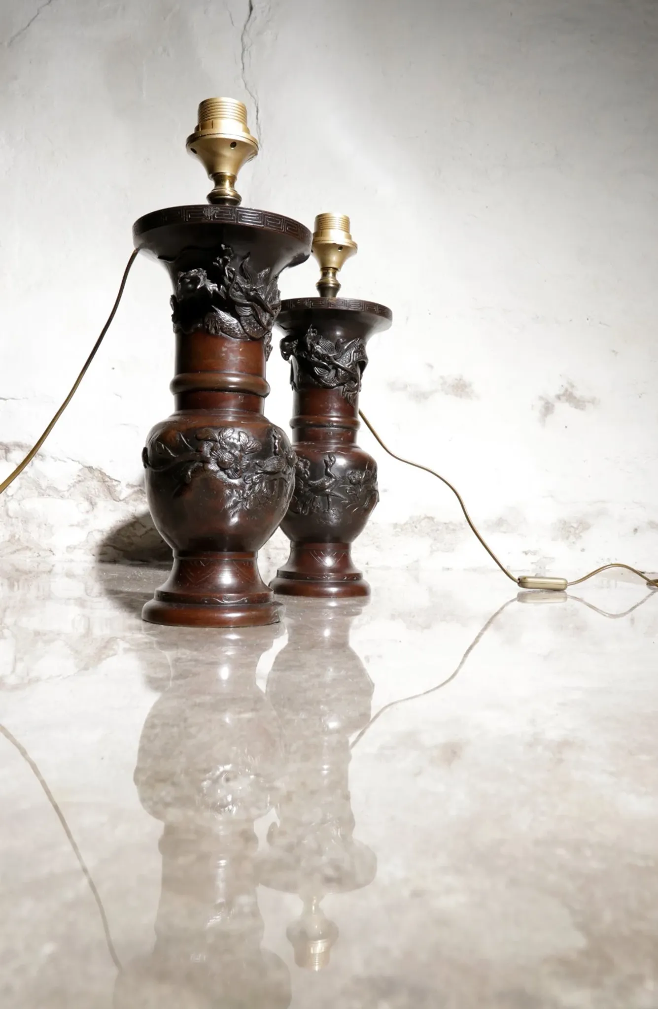 Set of 19th-century Japanese vase lamps with dragons and birds