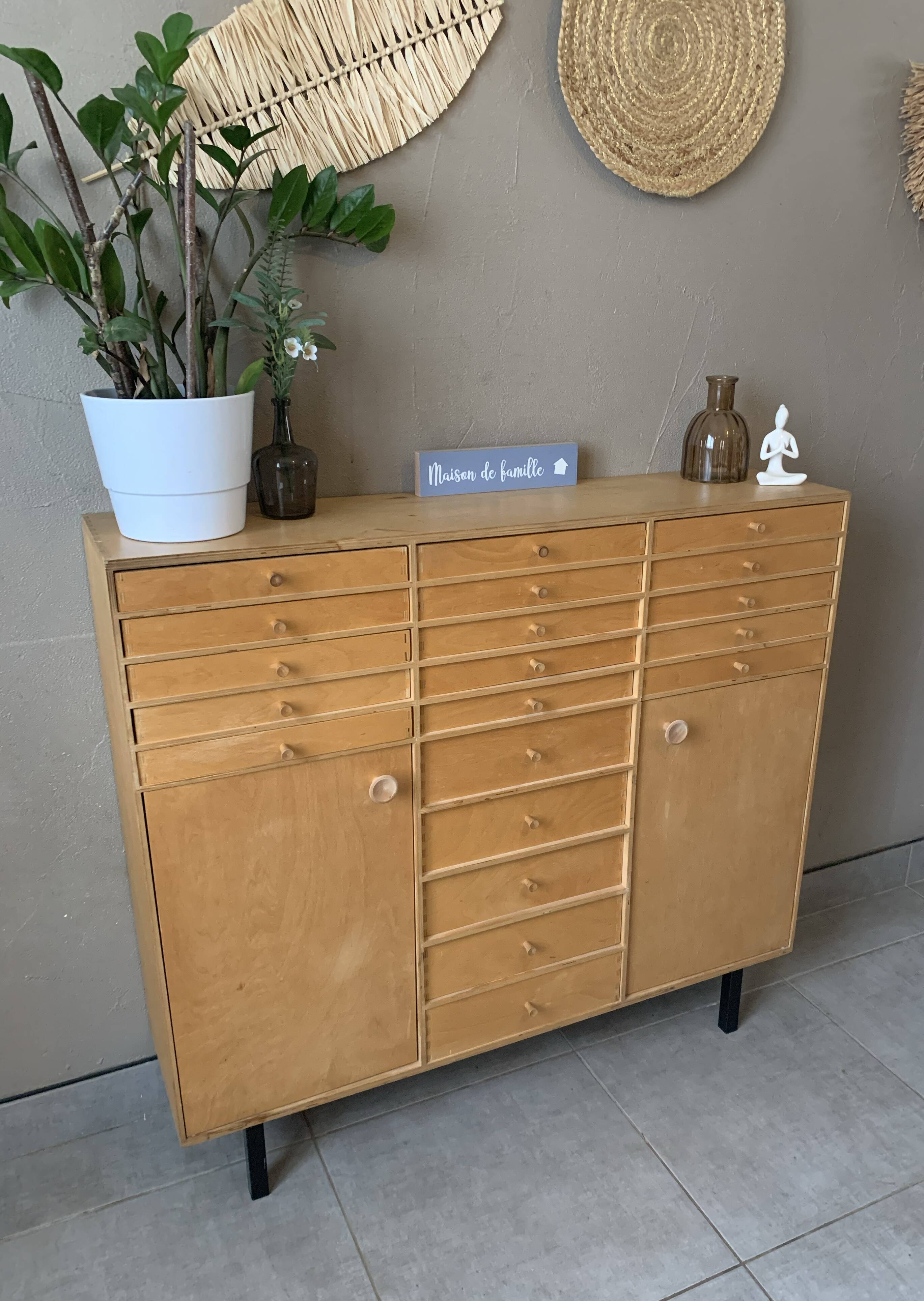 Vintage 20-drawer craft cabinet, 1960s in raw wood