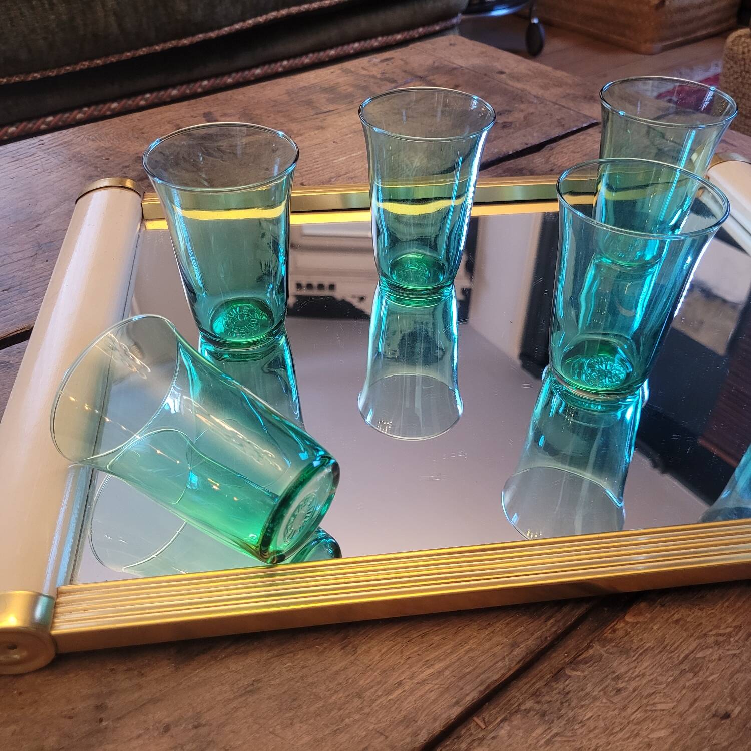 6 green glasses stamped LESIEUR – vintage 60s/70s