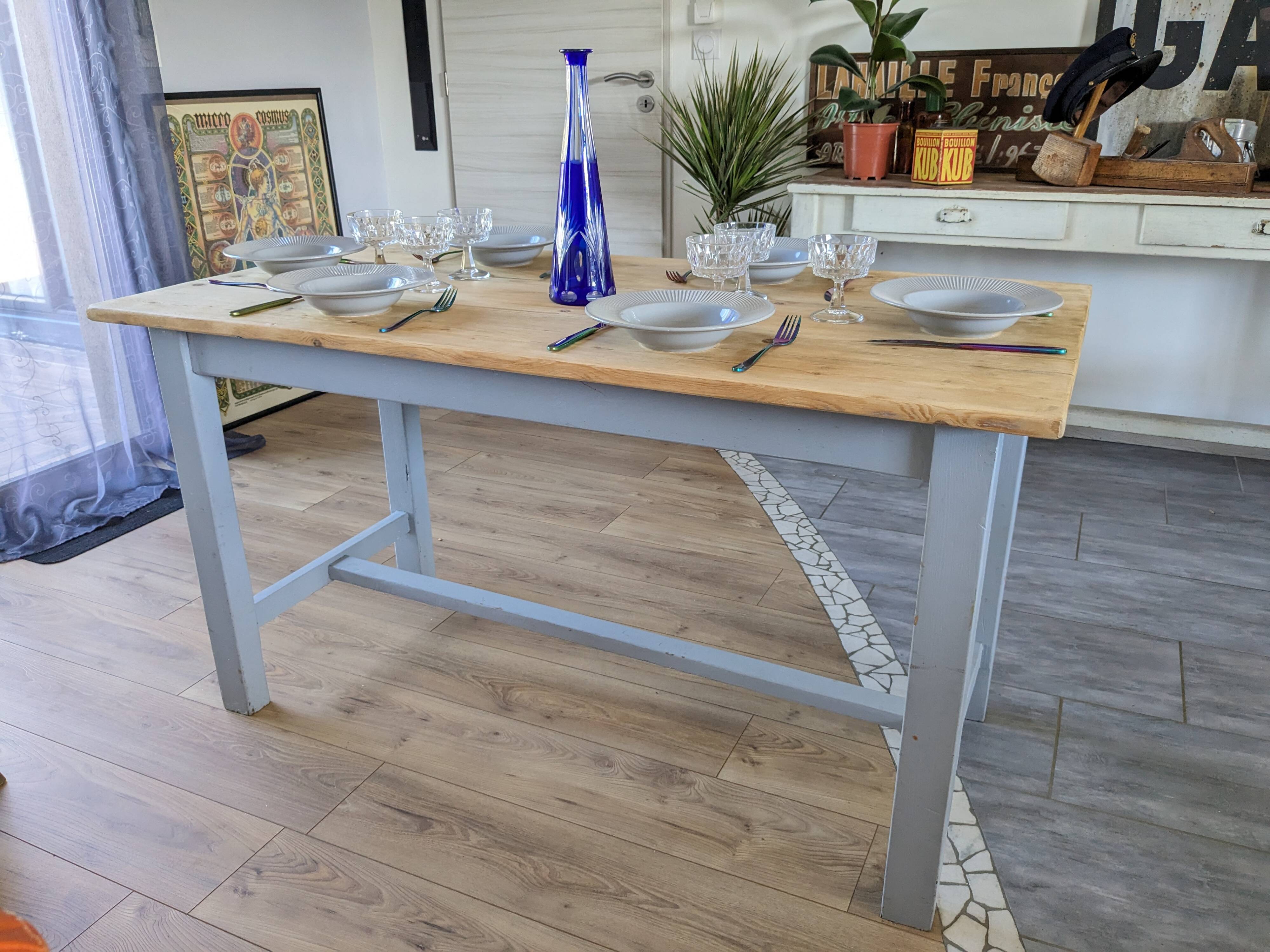 Sky blue and light wood farm table early 20th century 138 cm