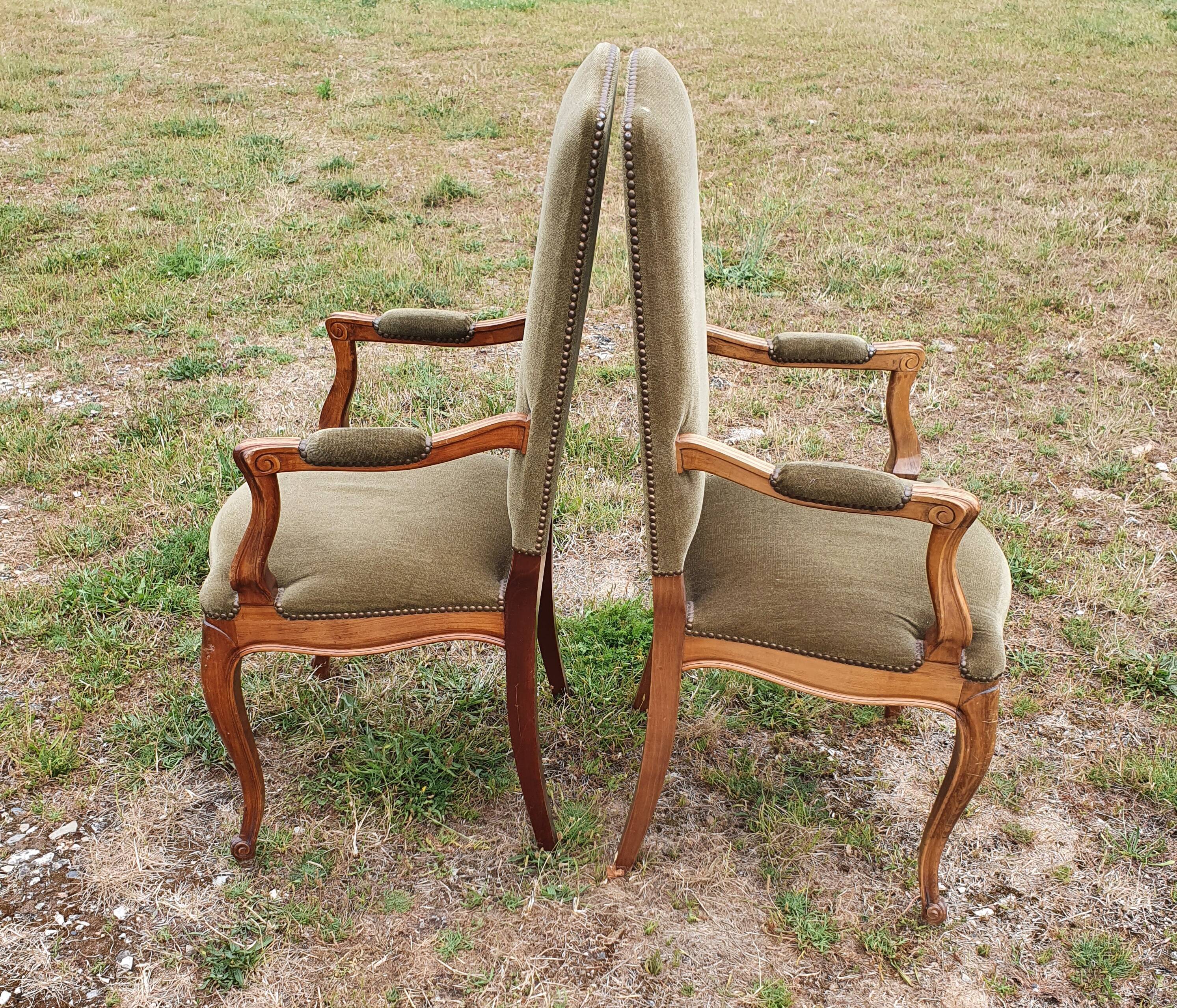 Pair of Louis X V style armchairs in green velvet