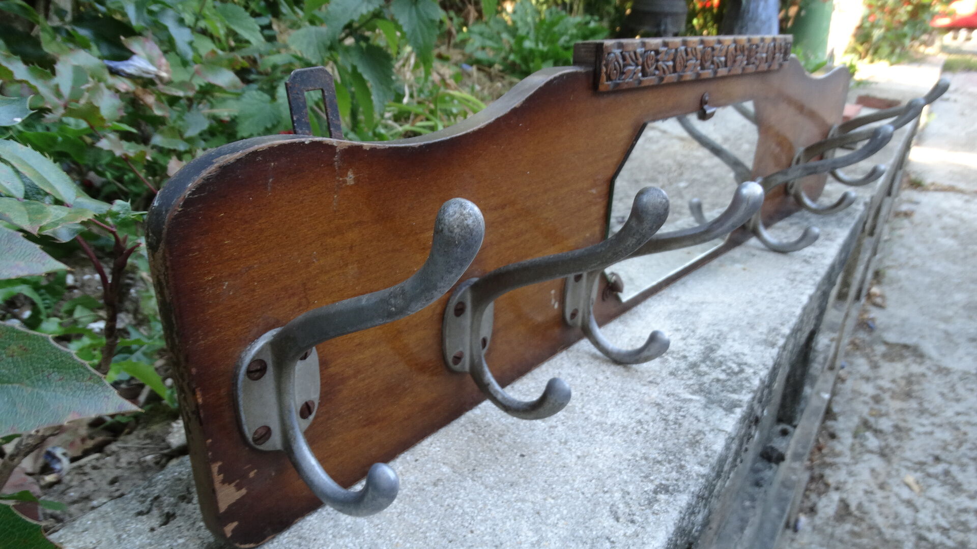 White wood wall coat holder with mirror