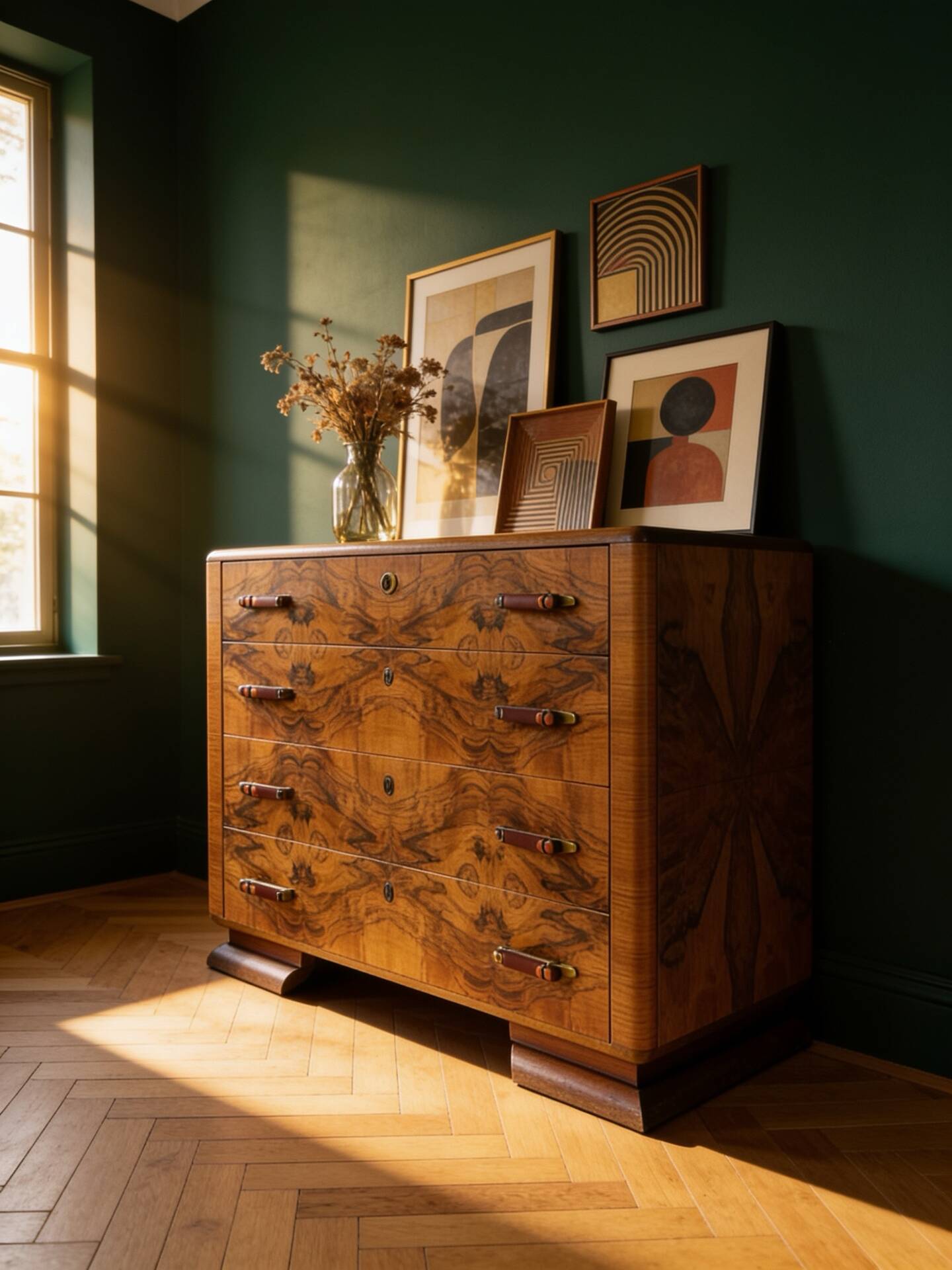 Walnut burl commode, Italian Art Deco, 1940s.