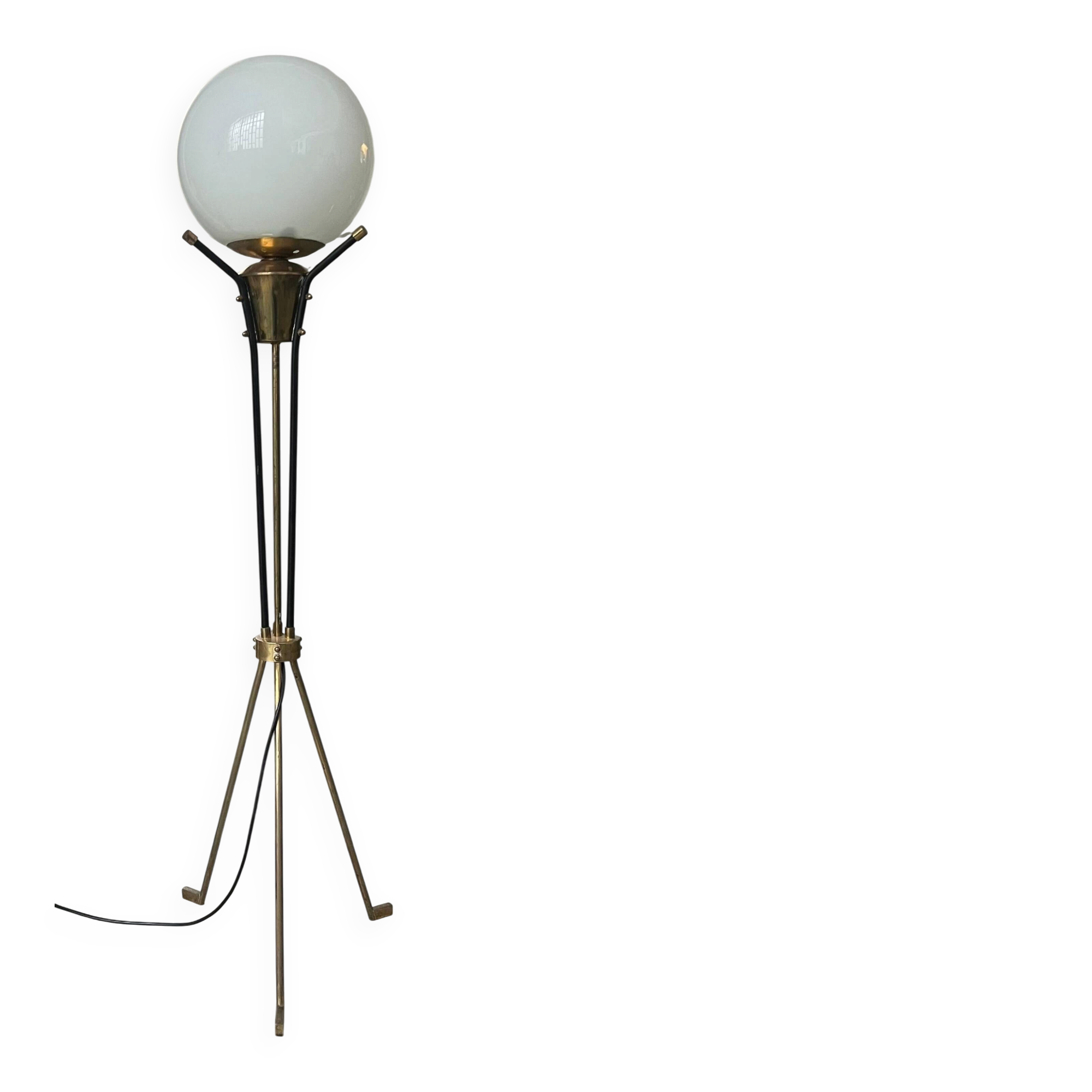 Vintage Italian Brass Floor Lamp in the style of Stilnovo, three legs, opaline