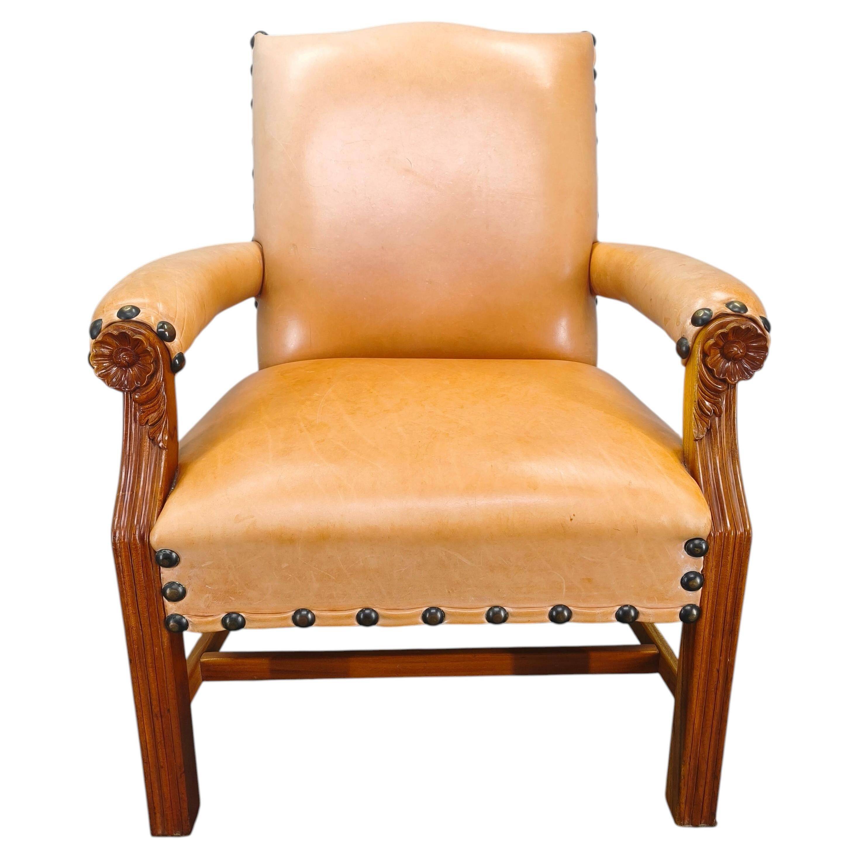 Antique Danish Leather Armchair Carved Wood Club Chair, Early 1900s