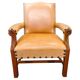 Antique Danish Leather Armchair Carved Wood Club Chair, Early 1900s