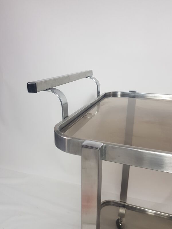 Chariot de service acier brossé et verre fumé années 70