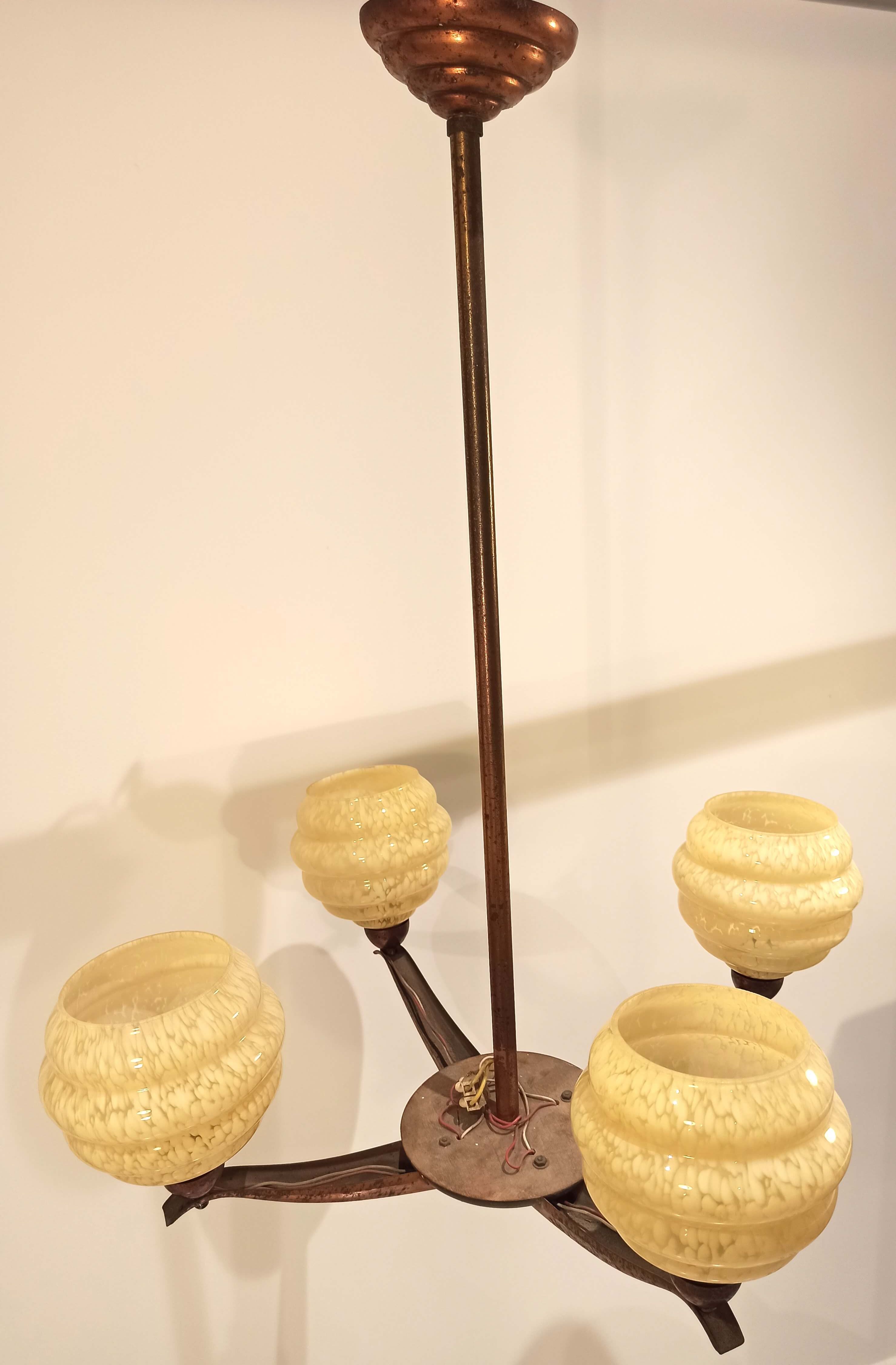 Art deco chandelier 4 globes clichy and copper glass