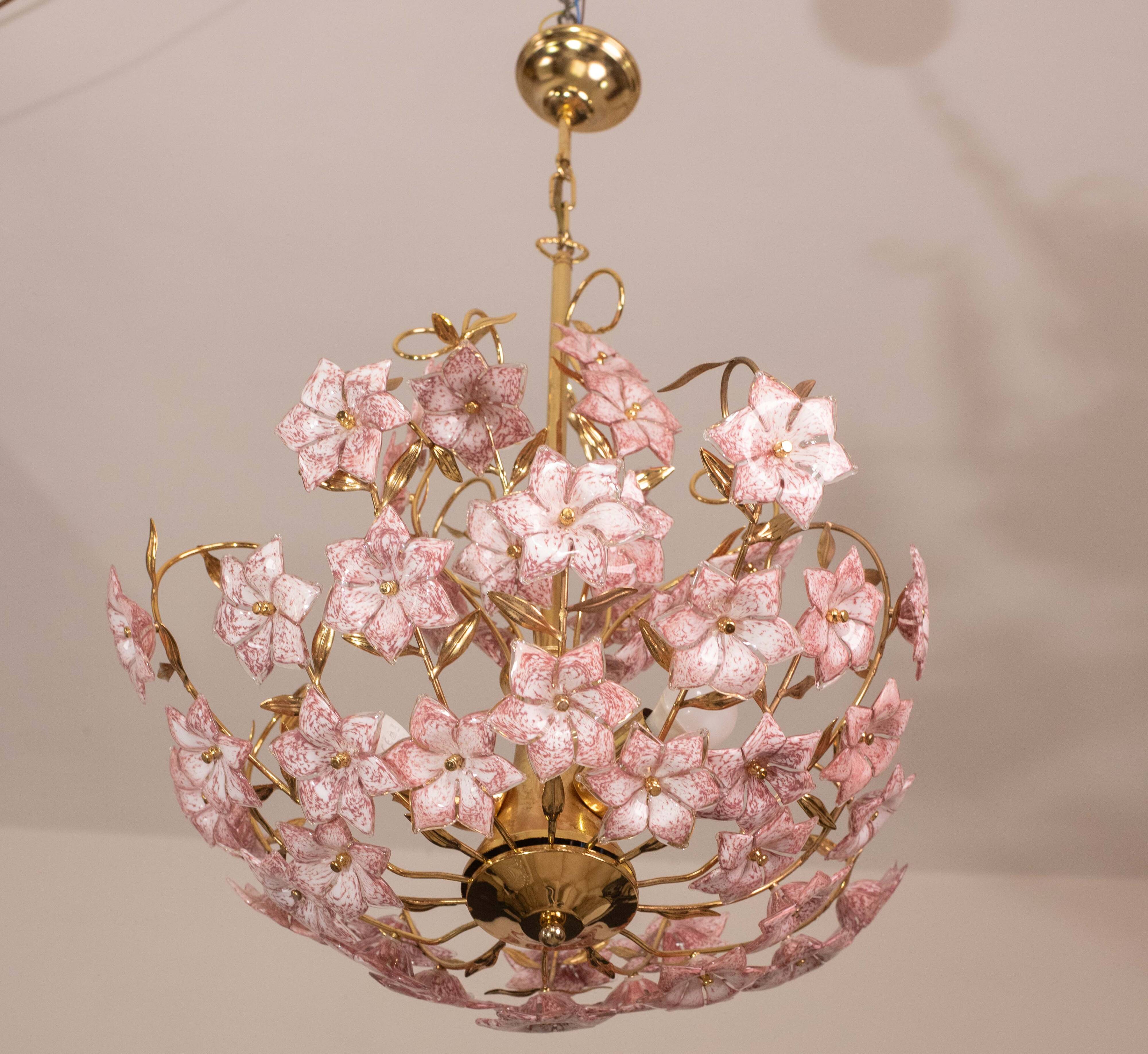 Vintage Murano Glass Chandelier Pink Flowers, 1970
