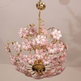 Vintage Murano Glass Chandelier Pink Flowers, 1970