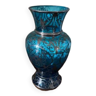 Ancient Venice vase in blown glass enamelled Murano decoration in silver