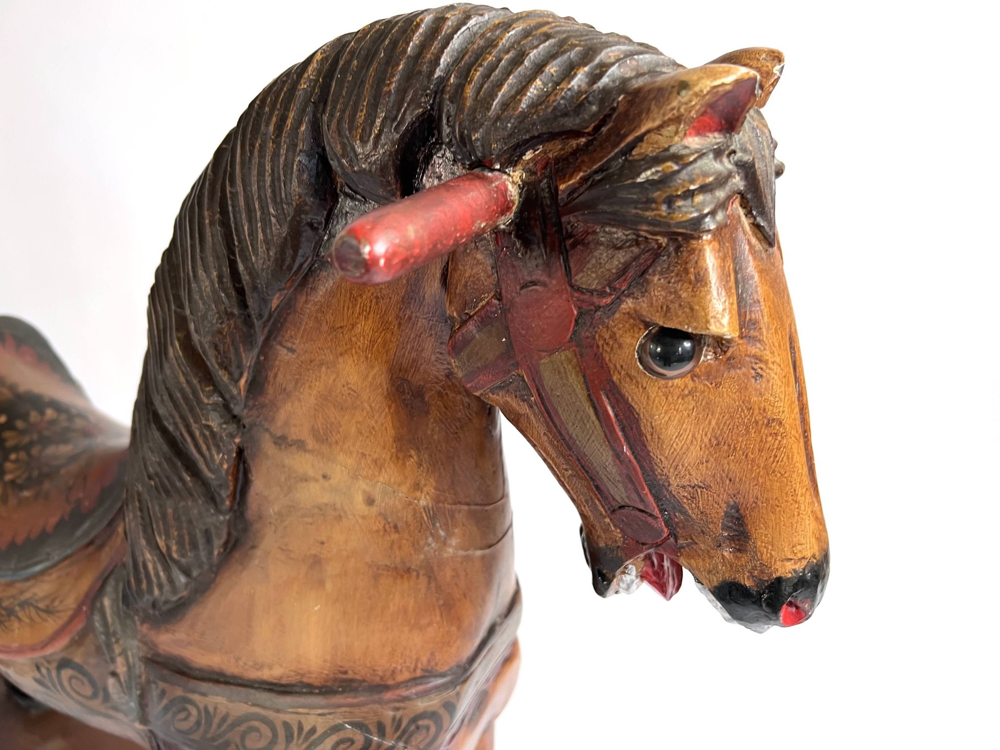 Antique painted wooden rocking horse – Large decorative model on wheels