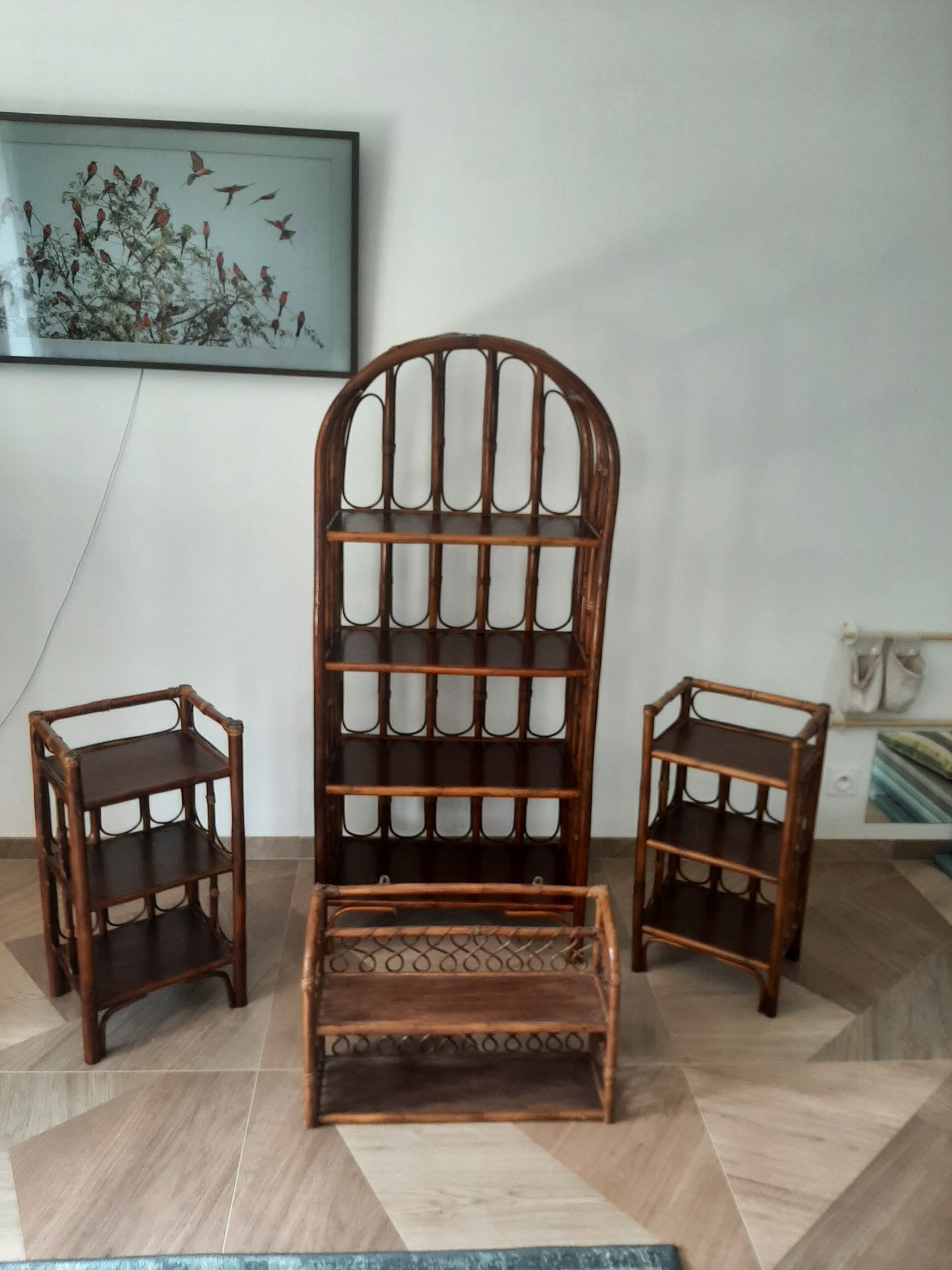 Vintage - set of 2 shelves of wooden floor, bamboo and rattan - 3 levels- retro 80s
