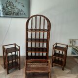 Vintage - set of 2 shelves of wooden floor, bamboo and rattan - 3 levels- retro 80s