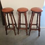 3 high stools in wood and leather