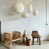 Suspension in rattan and japanese natural linen in the shape of a lantern h50 d30