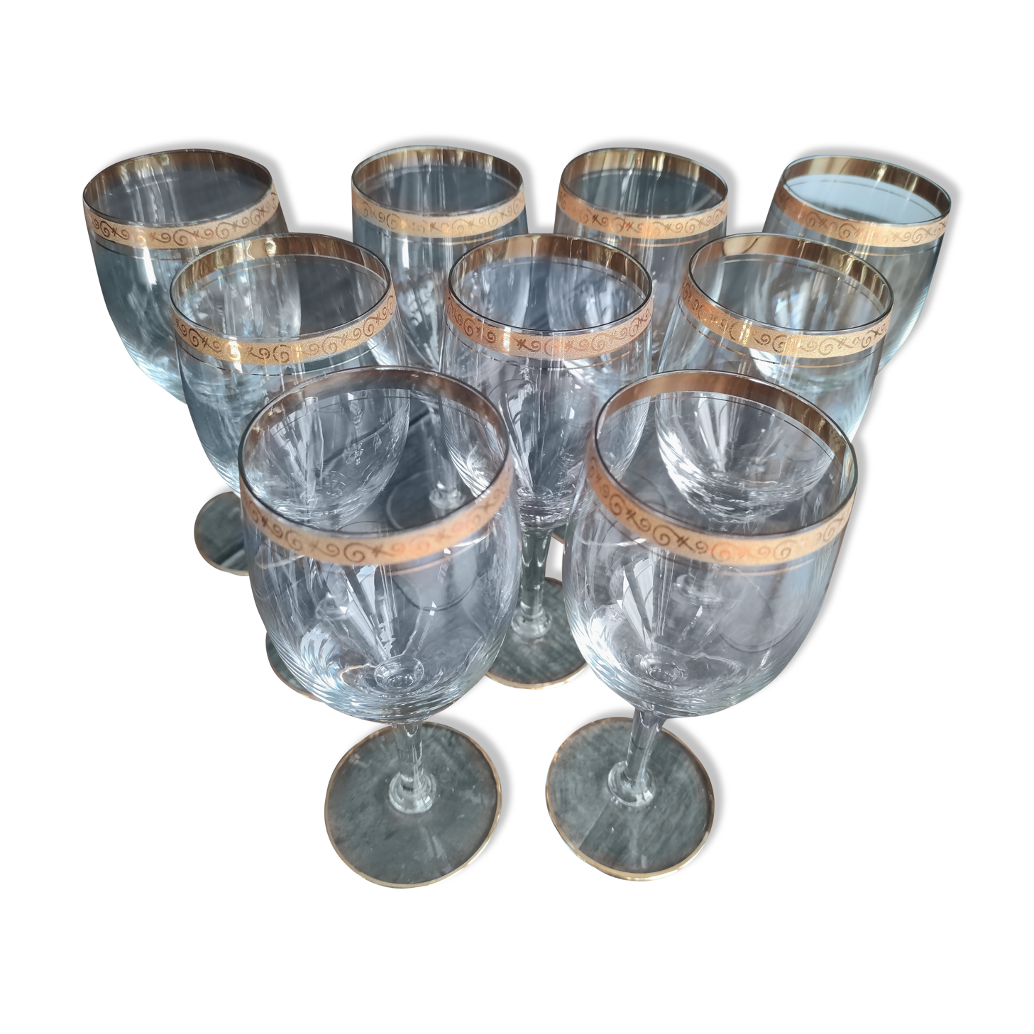 Set of 9 water or red wine glasses in crystal curled and gilded edging