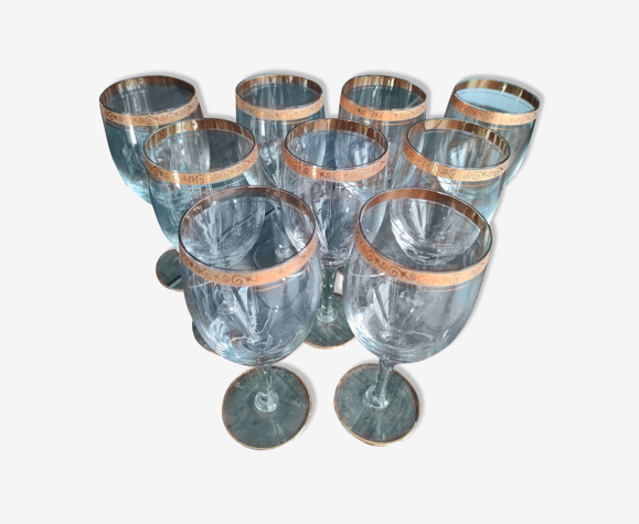 Set of 9 water or red wine glasses in crystal curled and gilded edging |  Selency