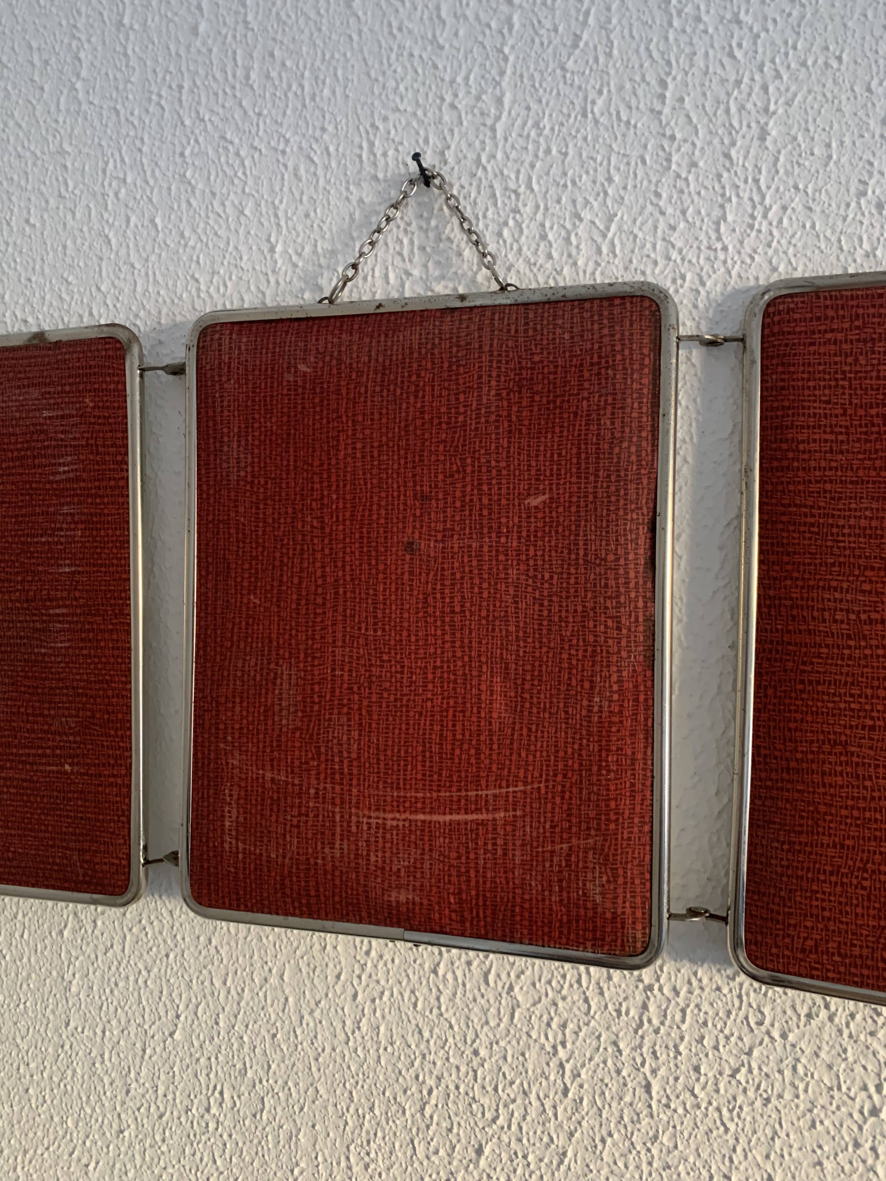 Miroir vintage 1950 triptyque barbier coiffeuse brique - 27 x 67 cm