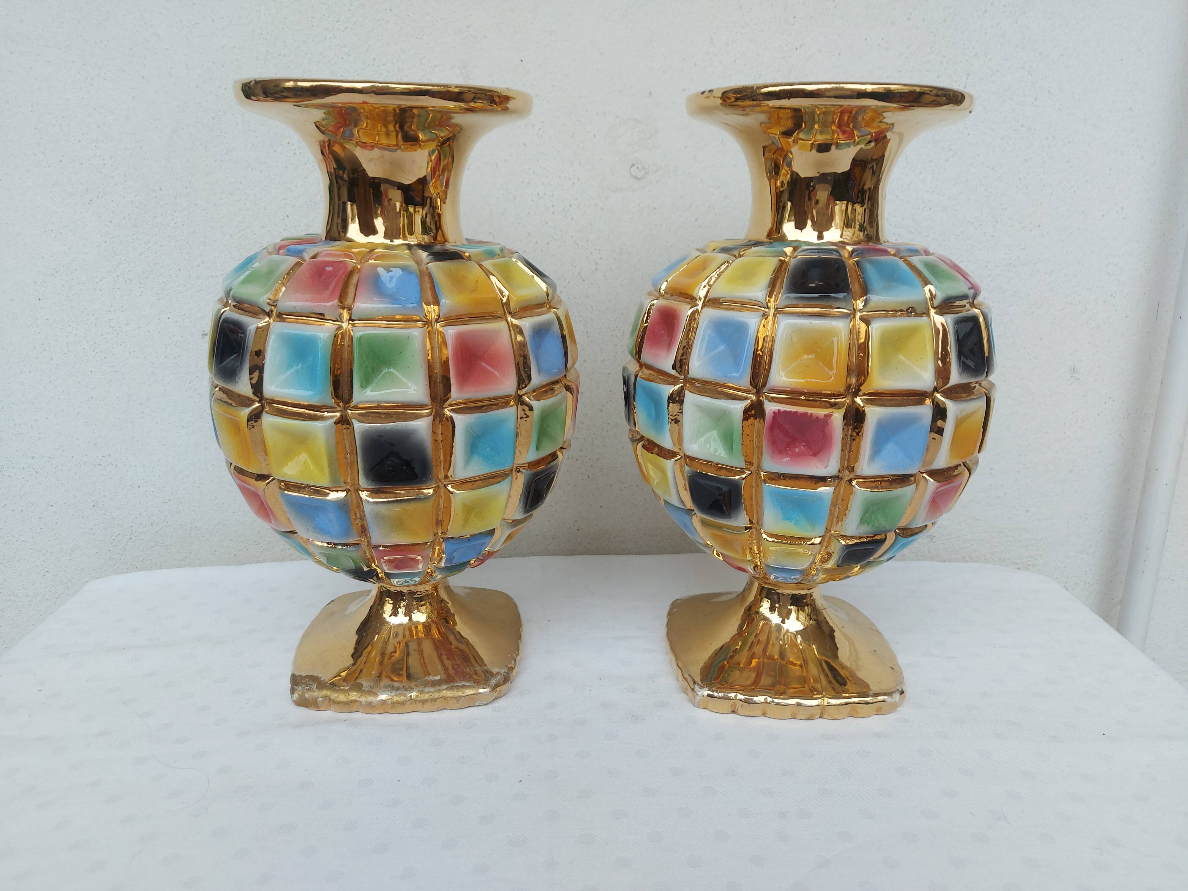 PAIR OF CERAMIC VASES DOREE, POLYCHROME, VINTAGE ITALY 60'S