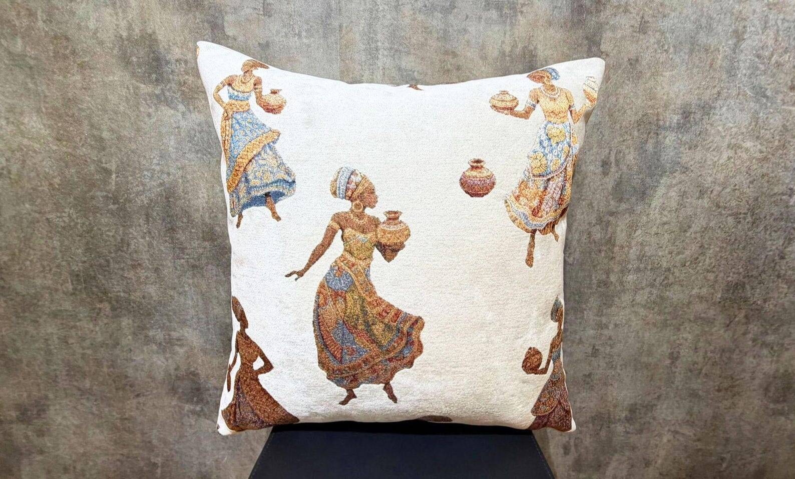 African Pottery Women Jacquard Cushion, Figural Woven Pillow Cover