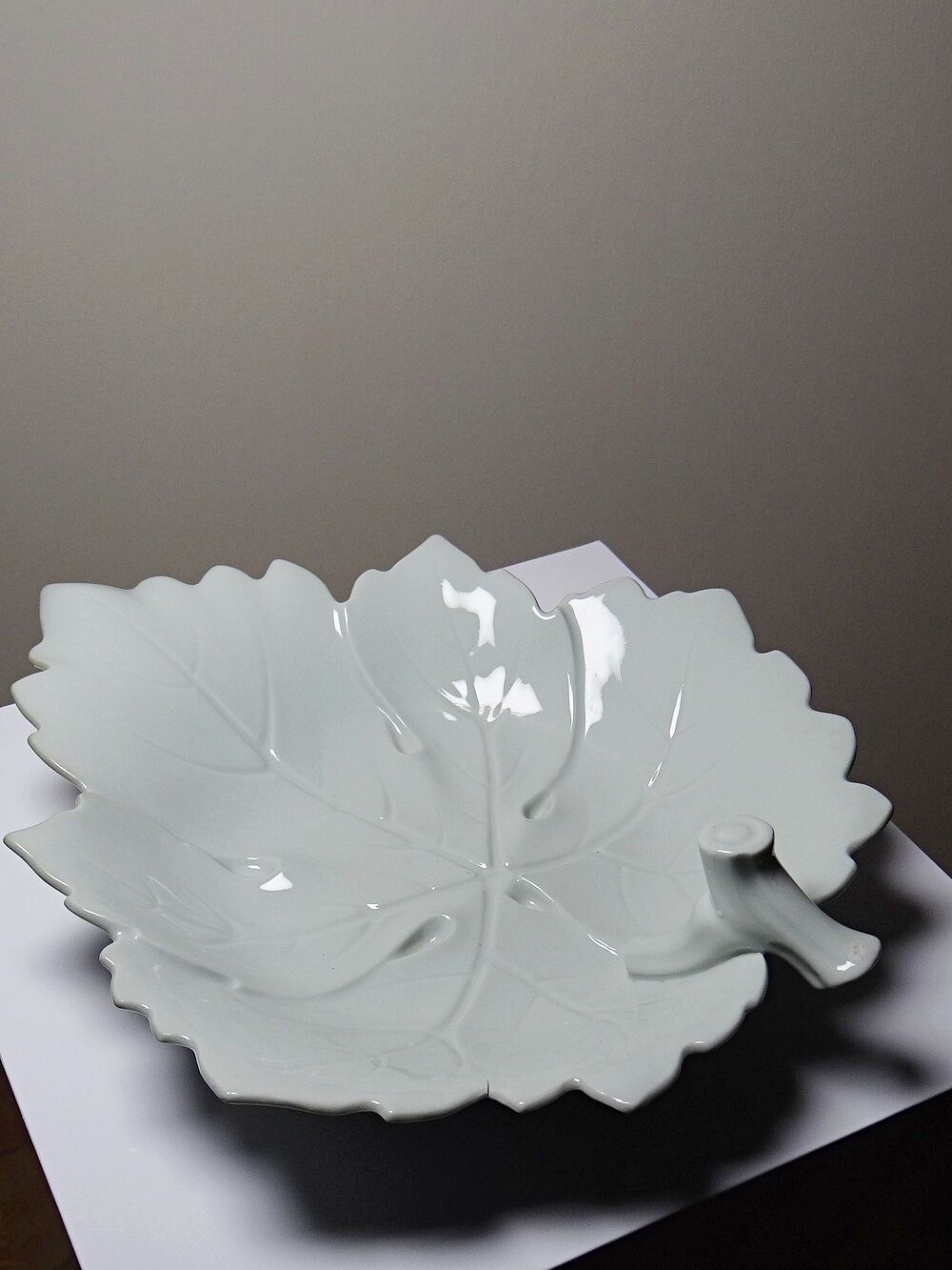 Celadon porcelain vine leaf dish by L. Michelaud, Limoges, 1930-50.