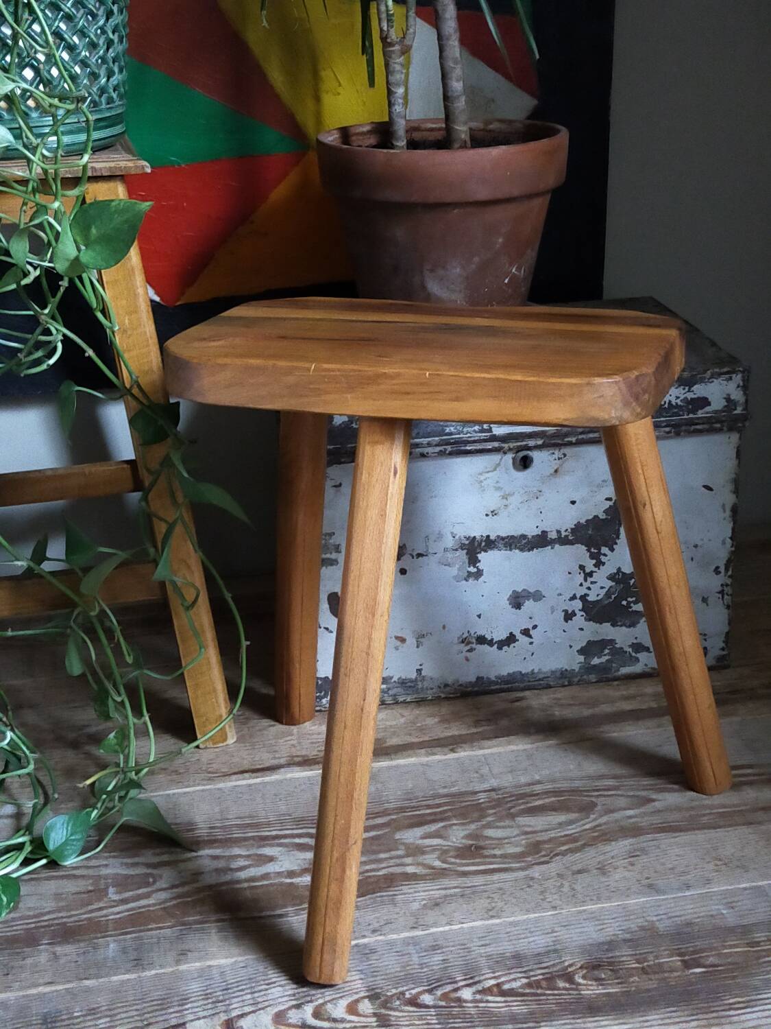 Solid wood tripod stool from the 50s