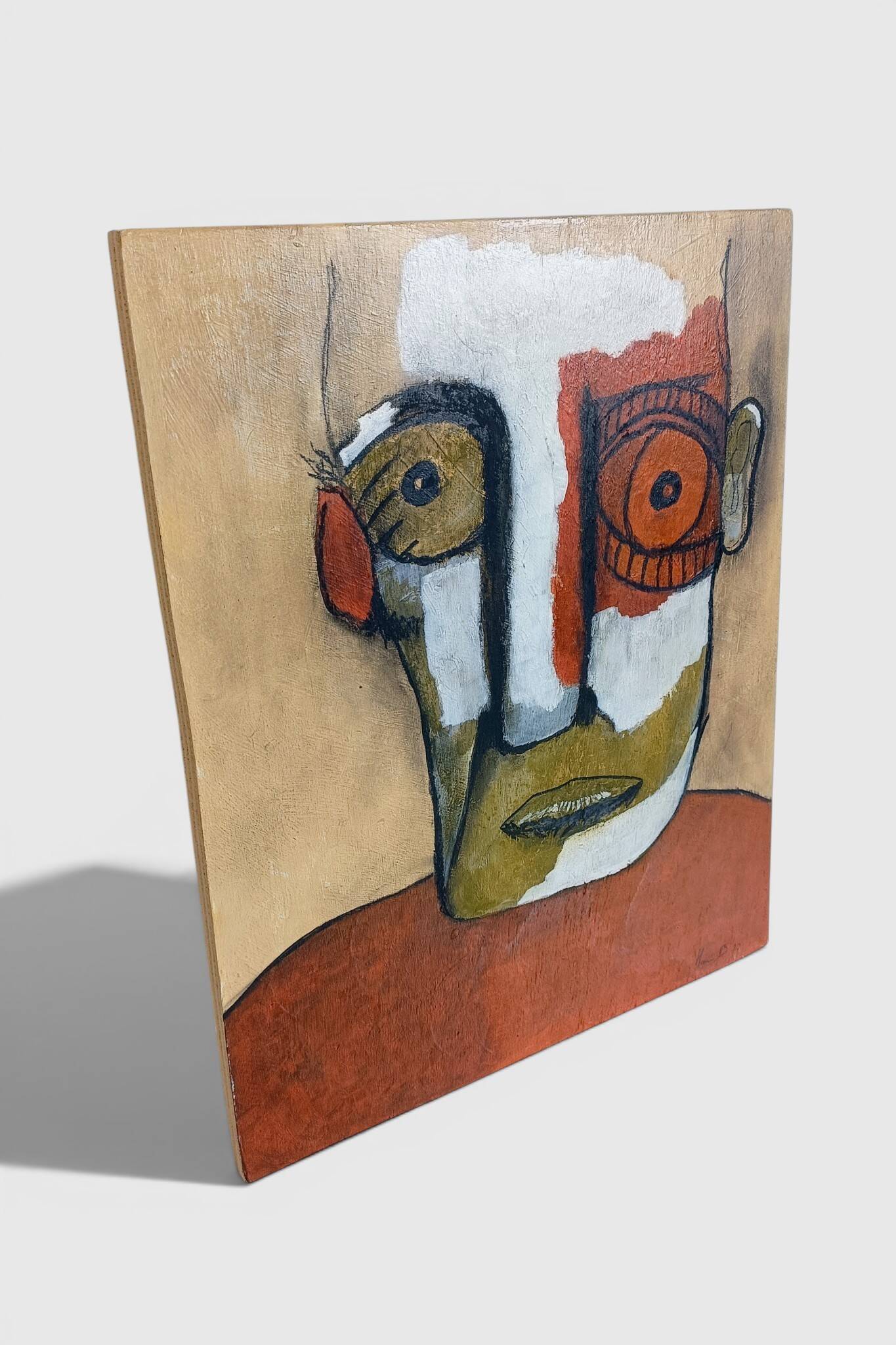 Abstract neo-primitive French portrait painting, mixed media on panel, 1999