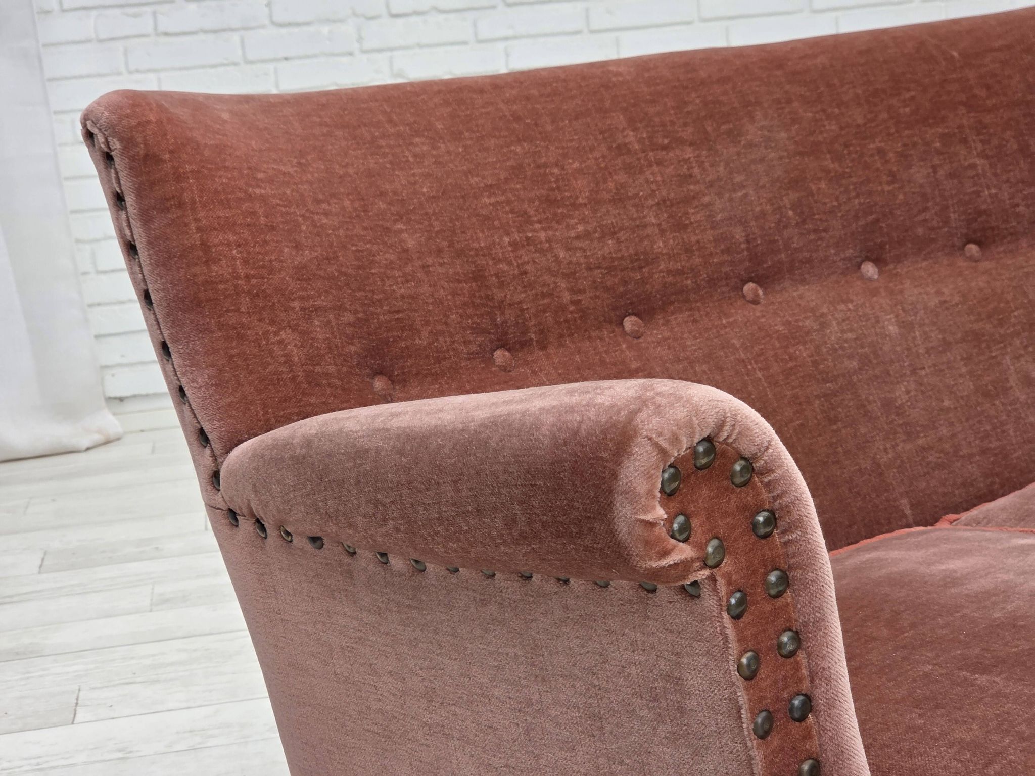 1970s, Danish 2-seater sofa, salmon pink furniture velour, beech wood.