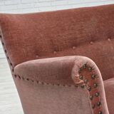 1970s, Danish 2-seater sofa, salmon pink furniture velour, beech wood.