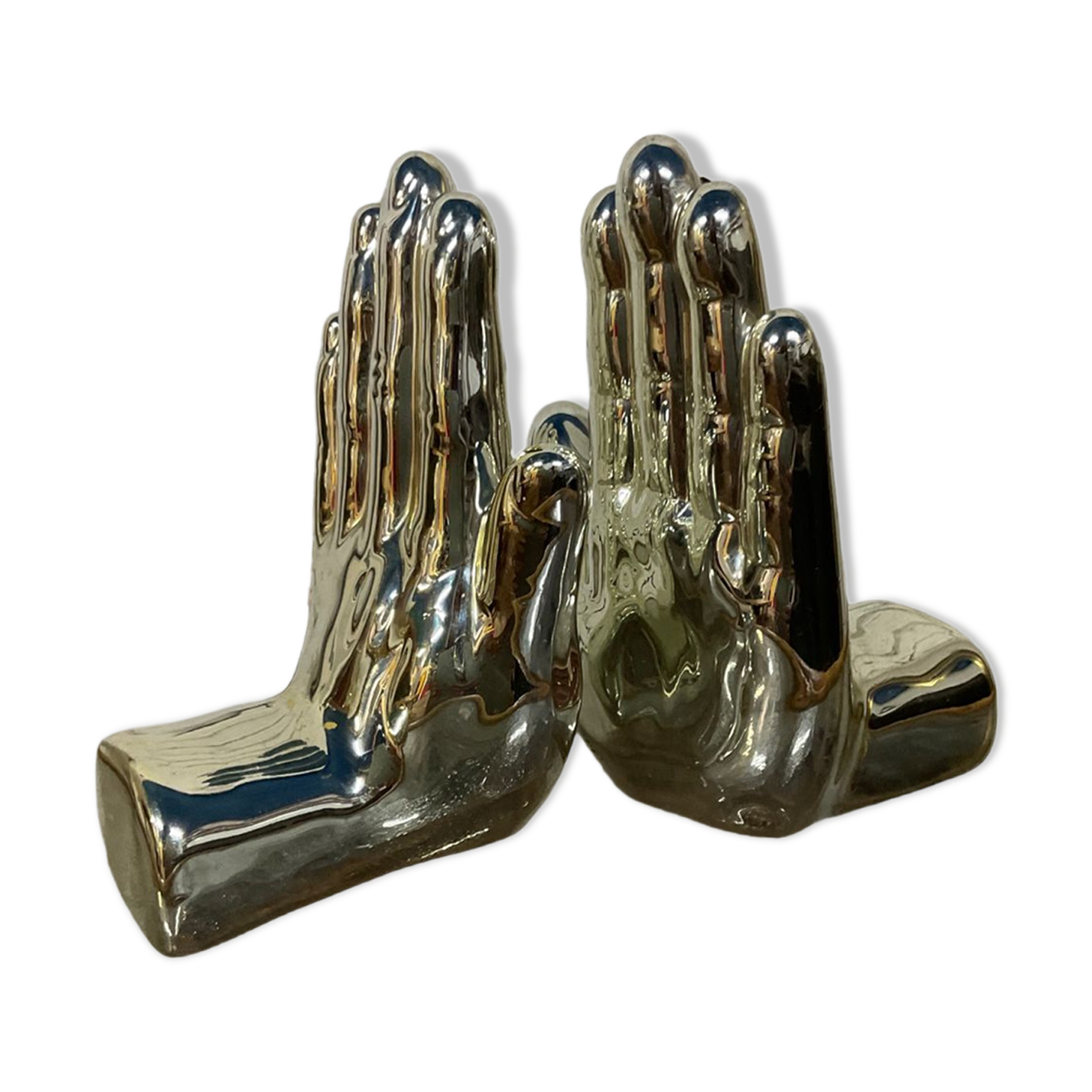 Pair of chrome ceramic hand bookends from the 70s and 80s