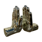 Pair of chrome ceramic hand bookends from the 70s and 80s