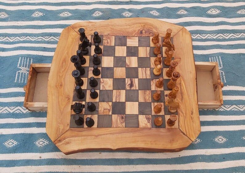 Natural olive wood edge, rustic chessboard