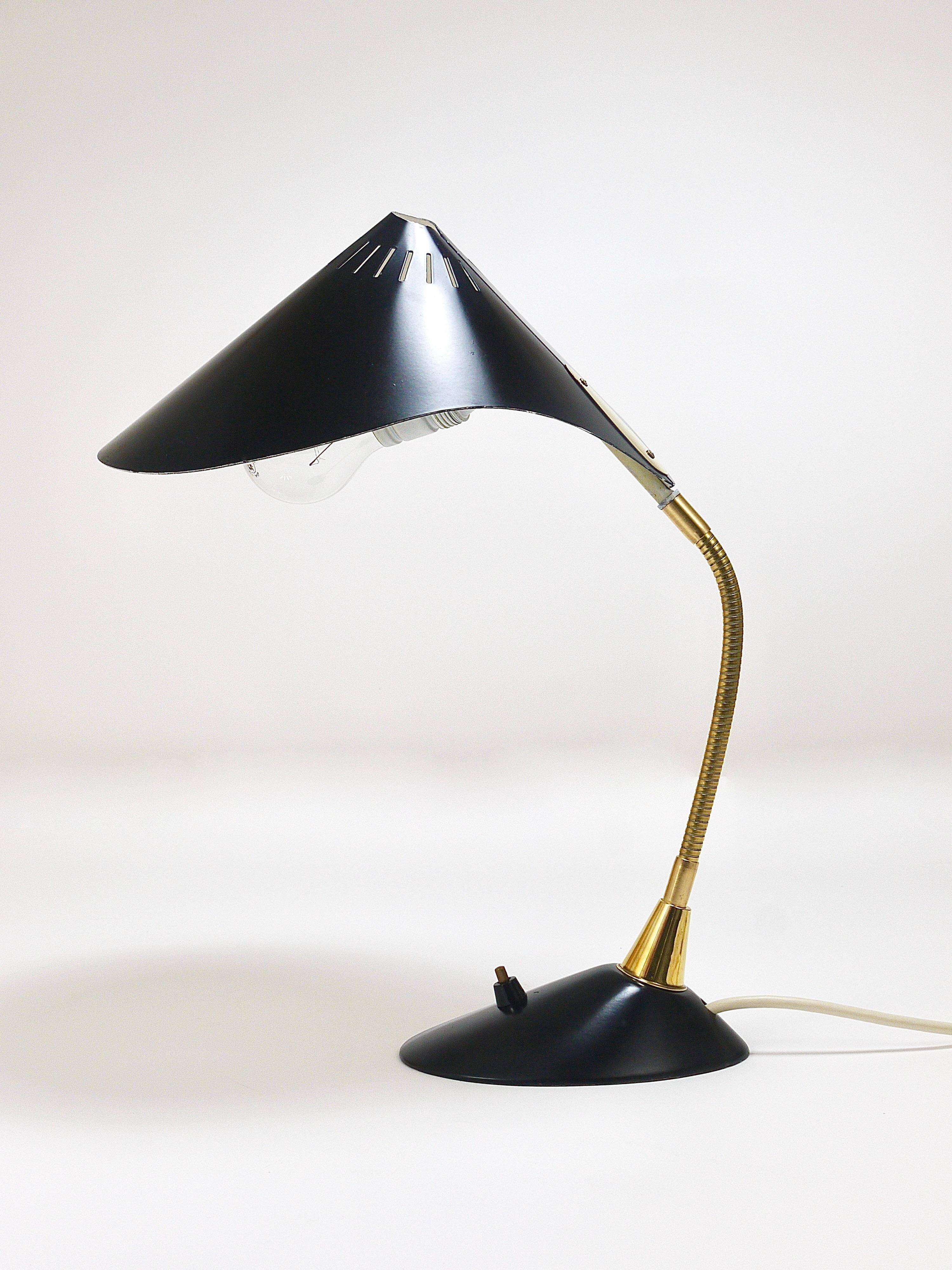1950s Cosack Cobra black desk or table lamp in brass, mid-century, Stilnovo style.