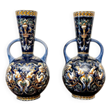 Magnificent Pair of Gien Ceramic Handled Vases, Renaissance Series