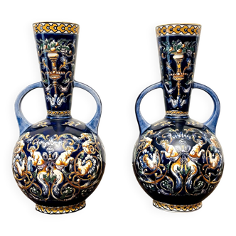 Magnificent Pair of Gien Ceramic Handled Vases, Renaissance Series