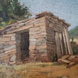 peinture de paysage à l'huile sur carton, cadre ancien du début des années