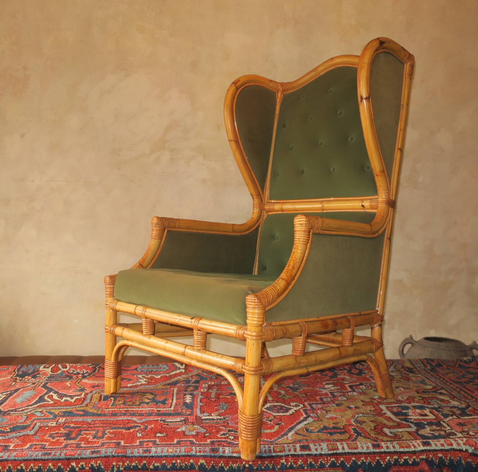 Mid century wing lounge chair in bamboo and olive green, 1960s