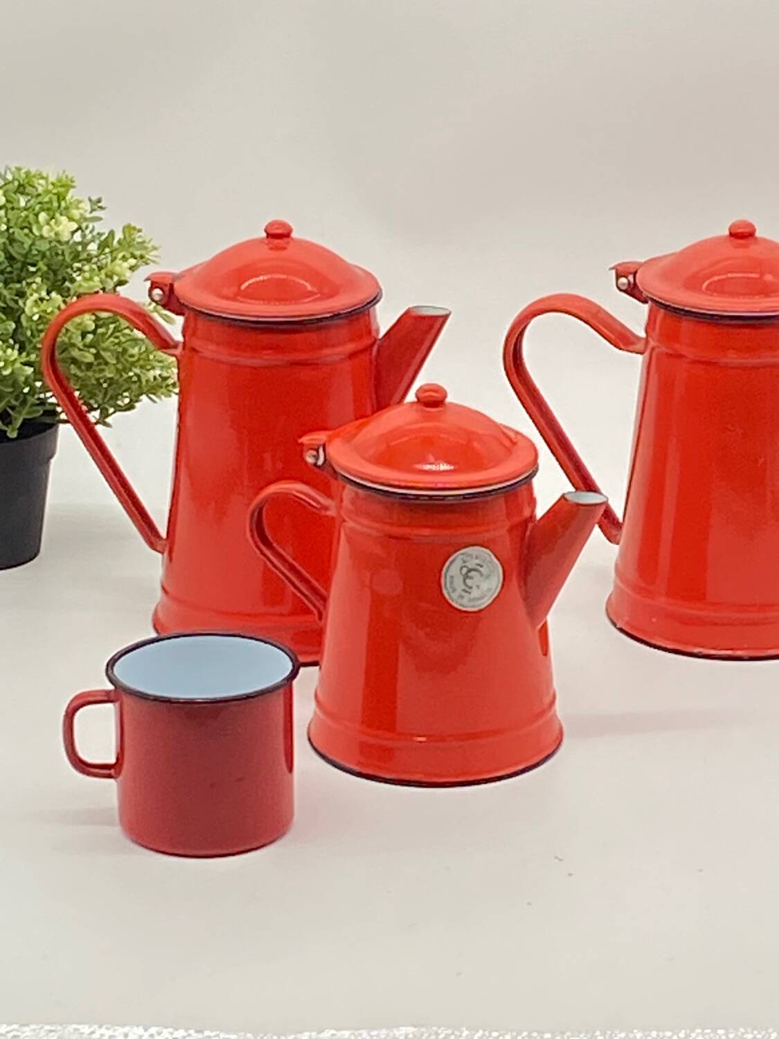 Set of red/white enameled metal coffee makers, vintage