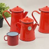 Set of red/white enameled metal coffee makers, vintage