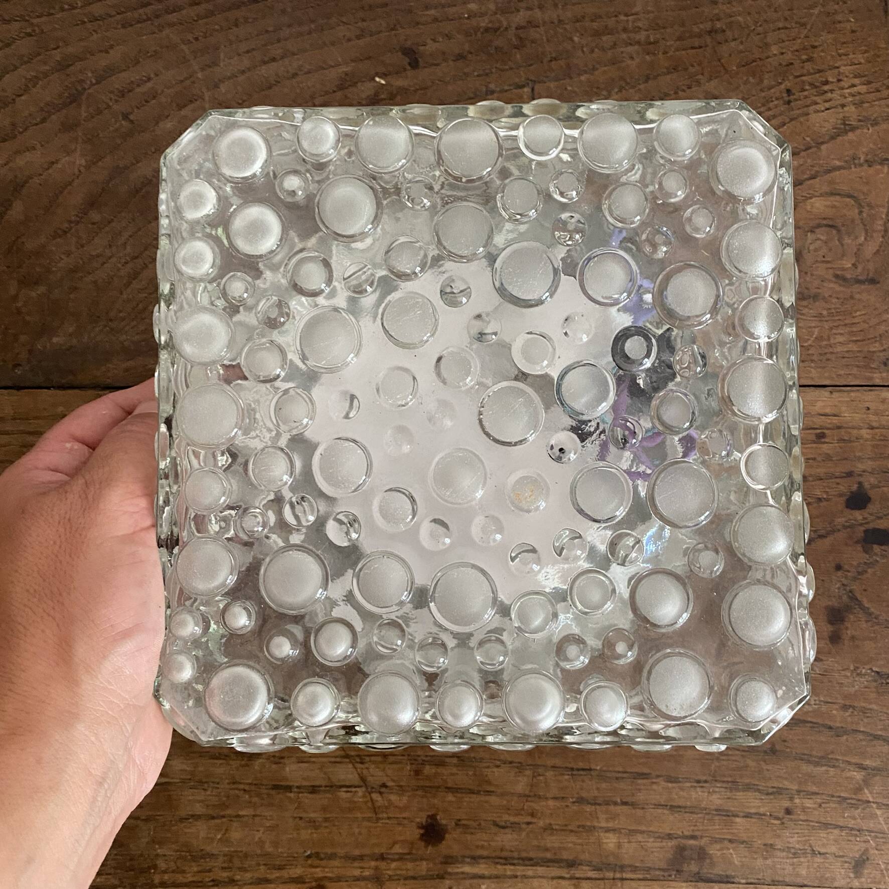 Plafonnier vintage carré en verre reliefs bulles