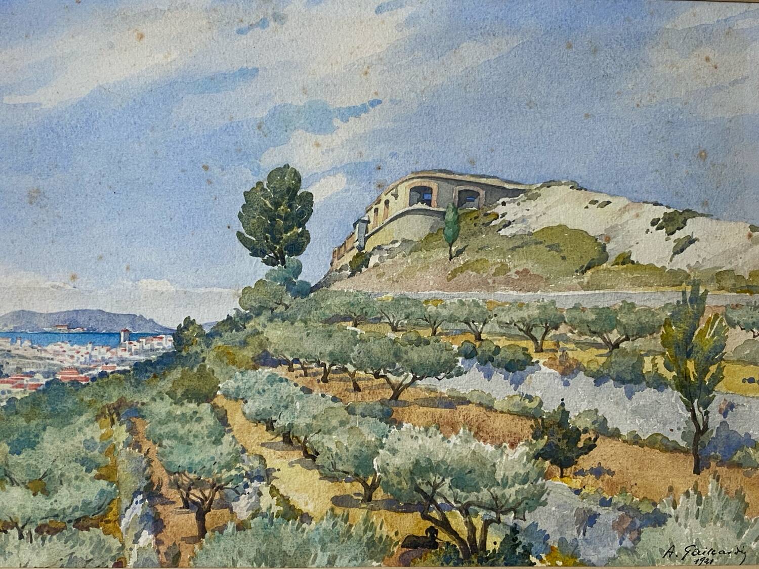 Watercolour landscape of Provence "the fort on the town", early 20th century.