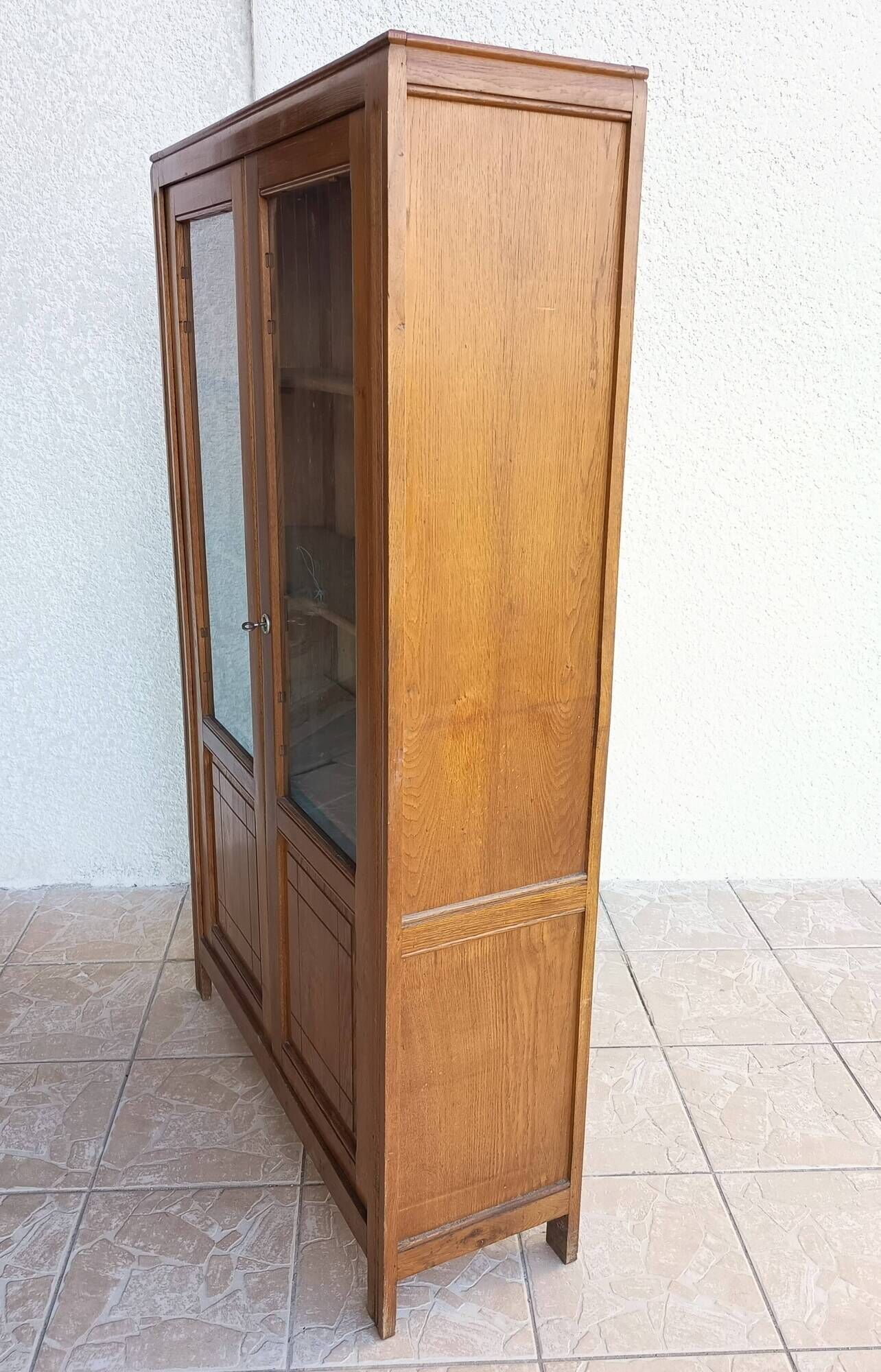 Vintage glass-fronted oak bookcase