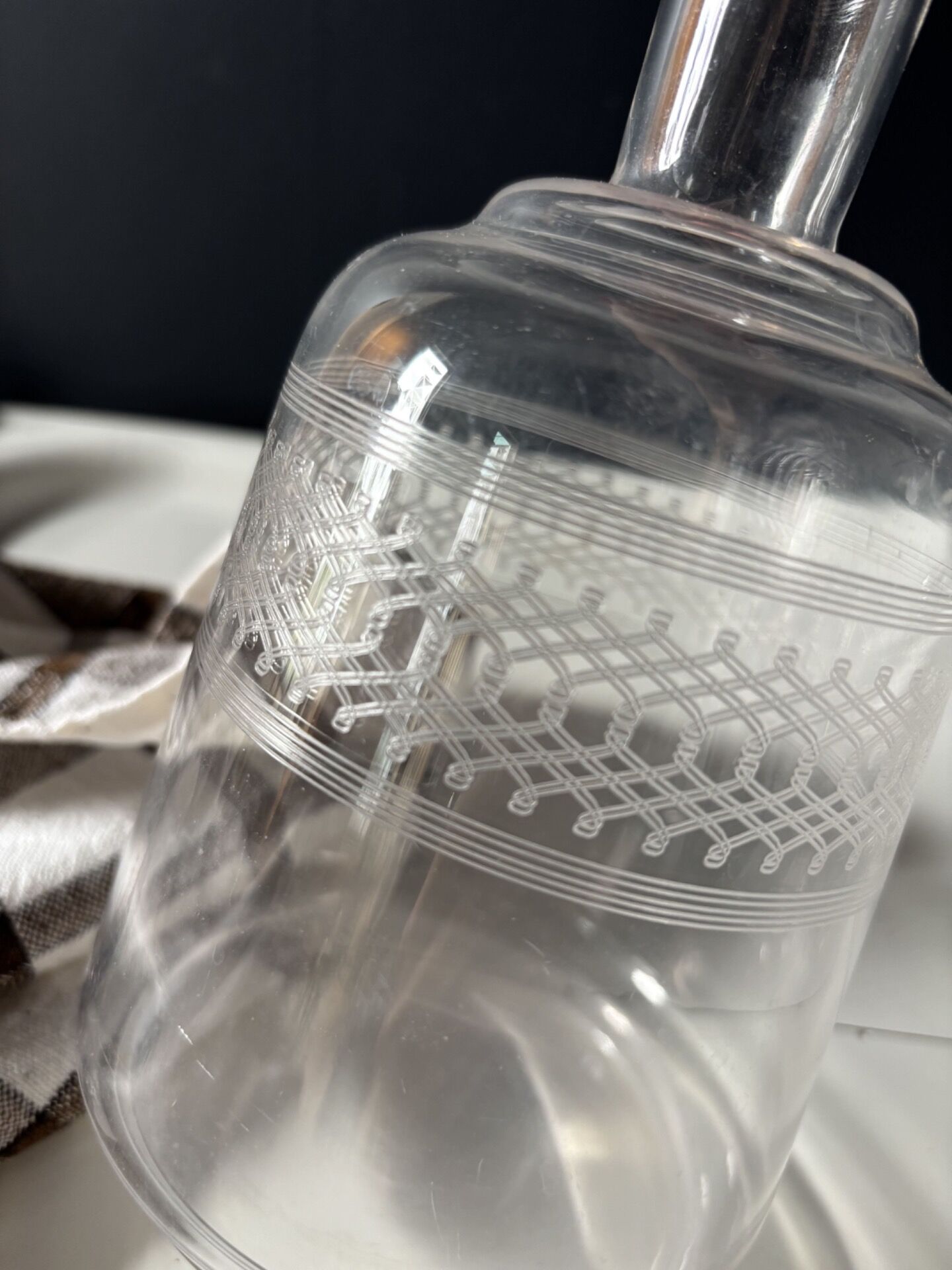 Antique engraved glass carafe with its stopper