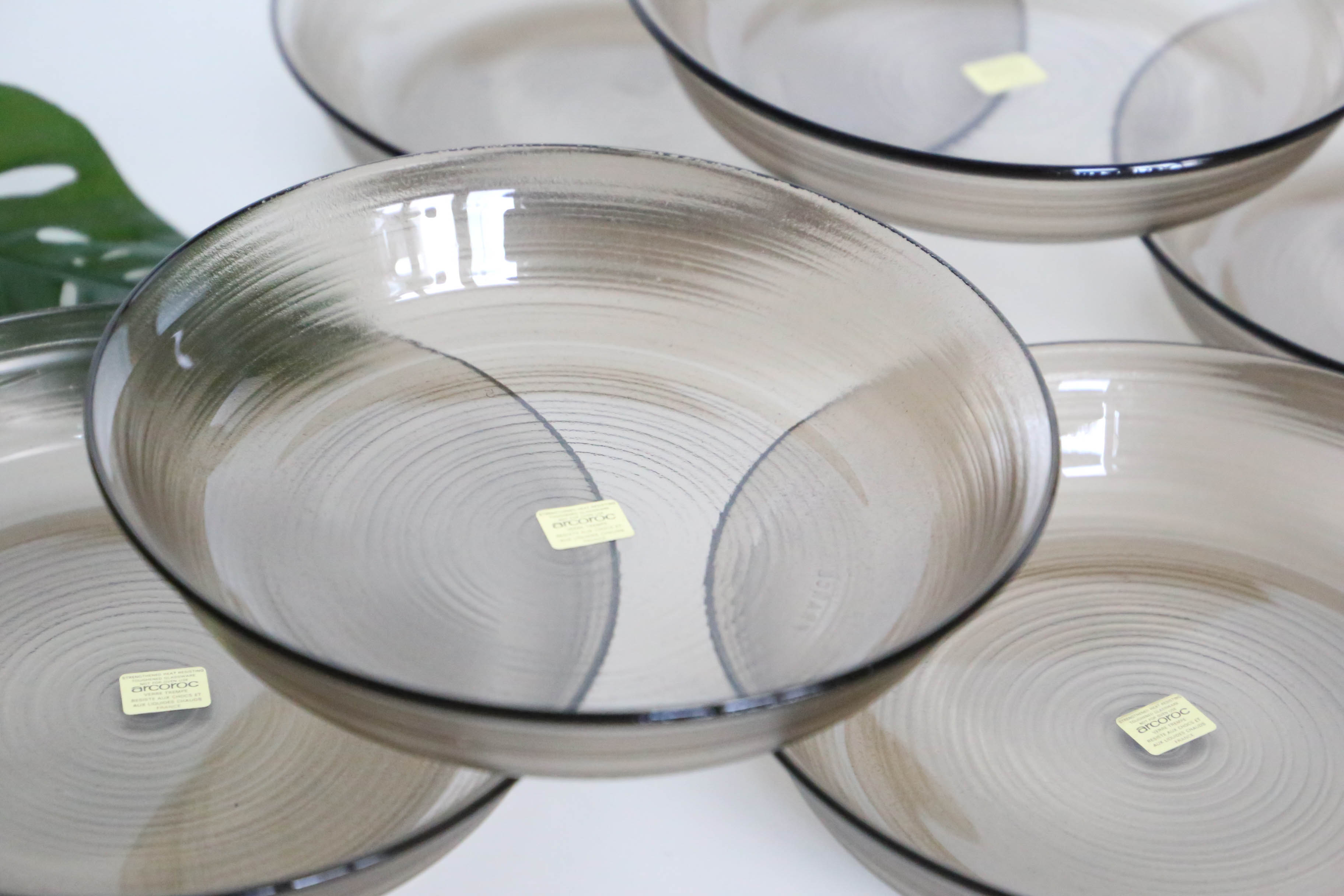 Set of 6 hollow plates Arcoroc, in gray smoked glass, vintage French