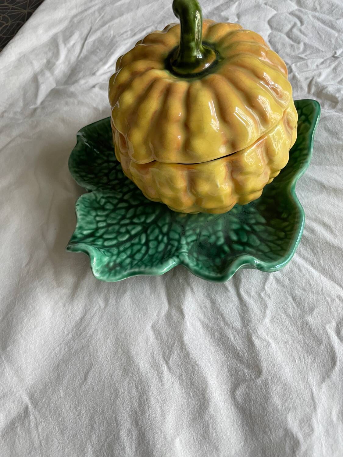 Antique majolica pumpkin jam jar