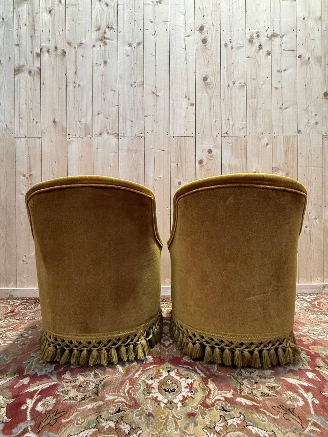 Pair of Napoleon III crapaud armchairs in mustard yellow velvet.